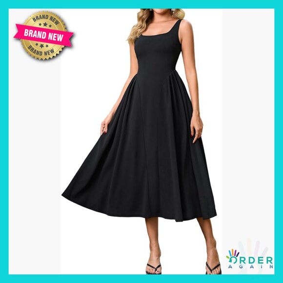 Sleeveless Square Neck Midi Dress Flowy Elegant Wedding Guest Formal Chic